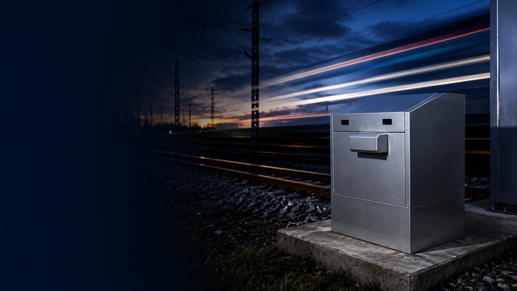 SafeBox AVAC battery shelter trackside at dusk